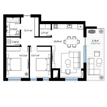 Продається простора двокімнатна квартира з видом на гору Нересен. 5.22 ЖК SKY CITY