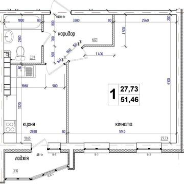 1к квартира площею 51,6 м² (Євродвушка). ЖК Атлант