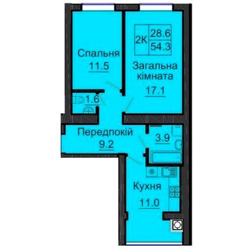 Популярне планування 54,3 кв.м. Двокімнатна. ЖК Софія Клубний ЖК Софія Клубний