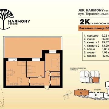2-кімнатна квартира з власною терасою. Південно-Захід ЖК HARMONY for life