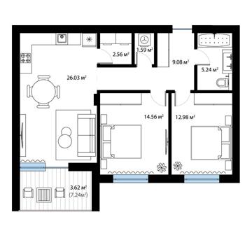Продаж двокімнатної квартири 73,70 м2 з видом на гори. Тячів. ЖК SKY CITY
