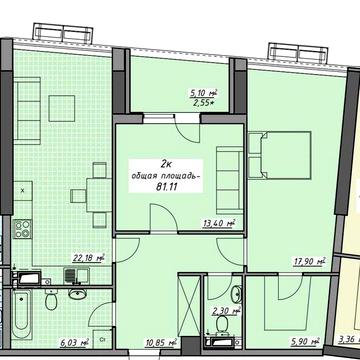 ЖК Атмосфера. Аркадия. Евротрешка. 81 м. Кухня 22 м  и 2 комн. ЖК Атмосфера