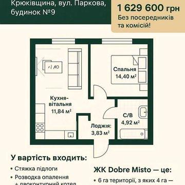 1-кімнатна квартира 38,8 м² в ЖК “Dobre Misto” ЖК Добре місто
