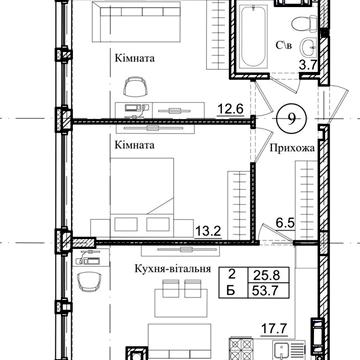 2-кімн 53,7м2 в с.Святопетрівське вул.Володимирська, 36А ЖК Петрівське містечко 2