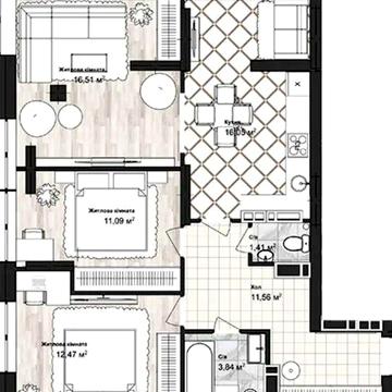 3-кімнатна квартира 73м2. Розтермінування до 2-х років.