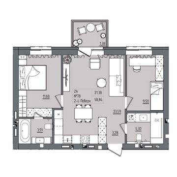 2кім.квартира 58,84м2
