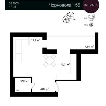 Продаж 1 кімнатної квартири Чорновола 155 47м/кв ЖК Парковий маєток