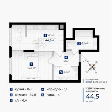 44,5м2 Надійність у деталях: перший внесок50% та комфортна рострочка. ЖК Гармонія