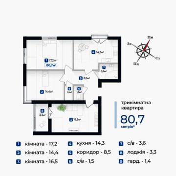 Простора 3-кім. квартира від забудовника у готовому будинку
