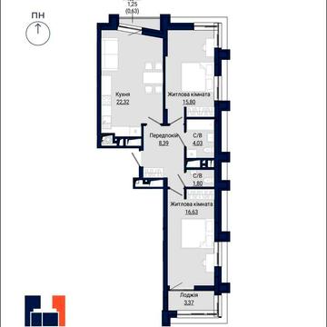 Простора 2-кімнатна 70,6 м² Кн. Ольги Кухня-студія 22 м² без комісії
