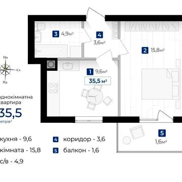 Компактна 1к квартира 35,5 м2, здача в наступному році