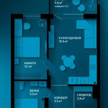 1 кімнатна+кухня студія Розтермінування Благо