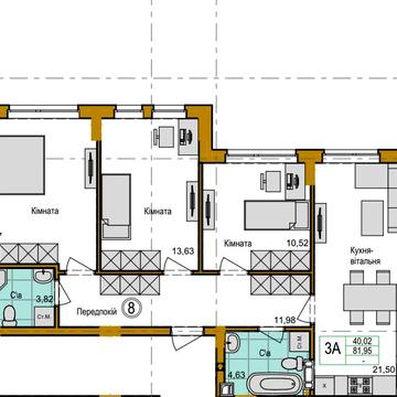 3-кімнатна квартира 105 м² , кухня-вітальня 22 м² , розтермінування