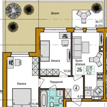 2-кімнатна квартира 63 м² з власним двориком кухня-вітальня 20 м² ЖК Емоція