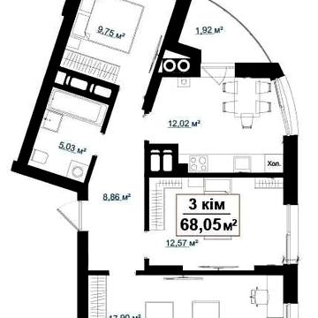 3- КІМНАТНА КВАРТИРА площа 68,05 квадратних метрів на пасічній ЖК акварель
