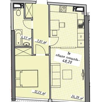 Прекрасна 1 к квартира в ЖК Атмосфера 48 кв.м., окна во двор