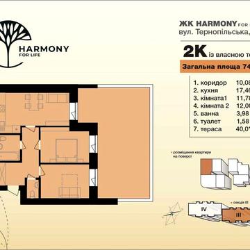 2-кімнатна квартира в новобудові з власною терасою. Зданий ЖК ЖК HARMONY for life