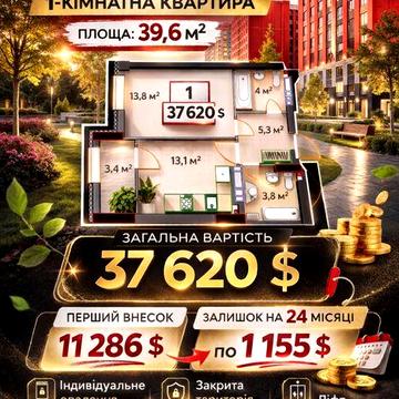 1-кімнатна квартира 39,6 м² інвестуй сьогодні! ЖК Ірпінь сіті