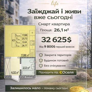 Квартира 26 м² ПВ:9800$ залишок без % ЖК Молодість