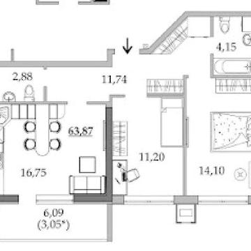 2 ком. квартира 68 метров . Новый дом на таирова . Кухня-17 метров