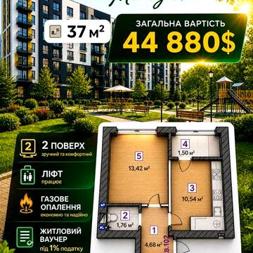 Ваучер ! 1к квартира 37м2 Ірпінь ЖК Молодість газ 2 поверх 44880$ ЖК Молодість