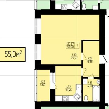 1 кімнатна квартира в новобудові 55м² дуже велика кімната лоджія в кухніз панорамними вікнами сонячна цілий день можна перепланувати в 2 кімнатну