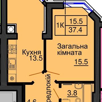 Однокімнатна квартира 38,4 м2 в зданому будинку Жк Софія Резиденція Жк Софія Резиденція