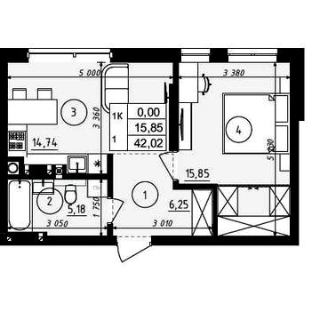 1-кімнатна квартира, 42 м² — $53,000 ЖК ЩЕДРИК