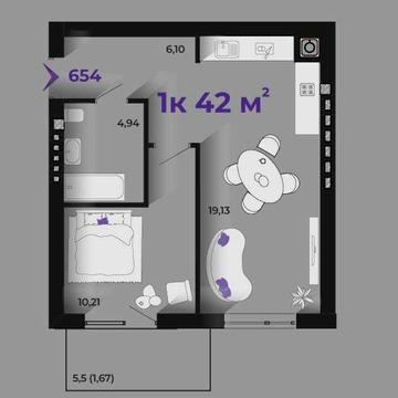 1 кімнатна квартира в ЖК Prostir — 42 м² в 6 секціЇ на 5 поверсі_KD ЖК Prostir