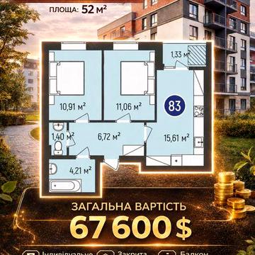 2-кімнатна квартира 52 м² | Будинок введено в експлуатацію | єОселя | ЖК Бургундія 3 | Ірпінь ЖК Бургундія 3