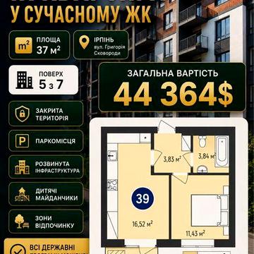 1-кімнатна квартира в ЖК Бургундія 3 | Ірпінь | 37 м² | Держпрограми ЖК Бургундія 3