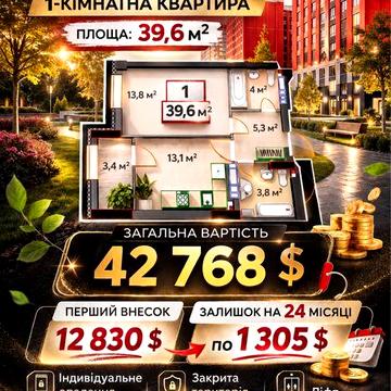 Продаж 1-кімнатної квартири в ЖК «Ірпінь Сіті 5» | 39,6 м² | Розтермінування до 24 місяців ЖК Ірпінь Сіті