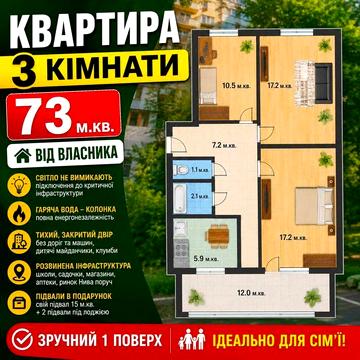 Продаж 3-кімнатної квартири ВІД ВЛАСНИКА | 73,2 м² | 1 поверх | Сиверський