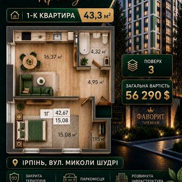 1-кімнатної квартири в ЖК «Фаворит Преміум» | Ірпінь ЖК Фаворит Преміум
