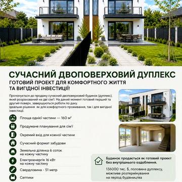 Пропонується до продажу сучасний двоповерховий будинок (дуплекс),