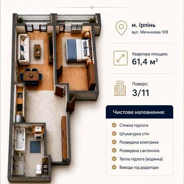 Продам Квартиру з Документами 61м2 з Чистовим Наповненням м.Ірпінь