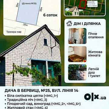 Продам дачу 6 соток у СТ Бервиці — будинок з піччю, сад, виноград