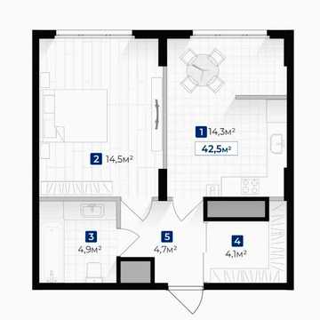 1 кімнатна квартира 42.5 м2 в ЖК Козацький_KD ЖК Козацький
