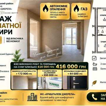 ВІД ВЛАСНИКА! Продаж 2-кімнатної квартири 65м2. ГАЗ в ЖК Кришталеві Джерела ЖК «КРИШТАЛЕВІ ДЖЕРЕЛА»