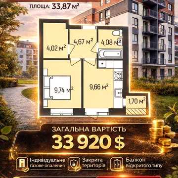 1К квартира 33,87 м² у сучасному ЖК «Бургундія 3» ЖК Бургундія