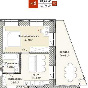 Продаж 1к квартири 40,25 м² з терасою 16,68 м² в Ірпені в новому ЖК Бруклін • 48300$ • оформлення 1%• ваучер • сертифікат ЖК Бруклін