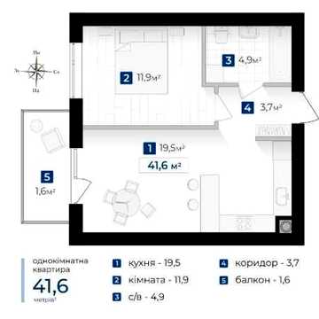 1 кімнатна+кухня 20м2 Розтермінування