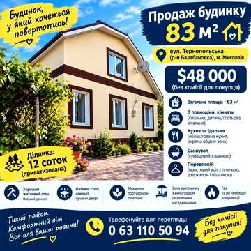 Продається затишний та просторий будинок у районі Балабанівки, вул. Тернопільська, м. Миколаїв.