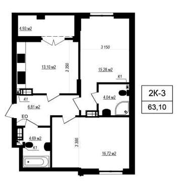2К (63.1 м2). Новий ЖК з власним ТЦ. 10-15 хв. до метро