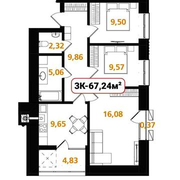 Опришівська слобода, трикімнатна квартира 67,24 м.кв. РОЗТЕРМІНУВАННЯ! ЖК Опришівська слобода