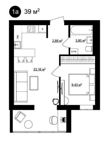 Продаж!  39 м2  в комплексі "HARMONY", апартаменти 1-кім. ЖК ГАРМОНІЯ