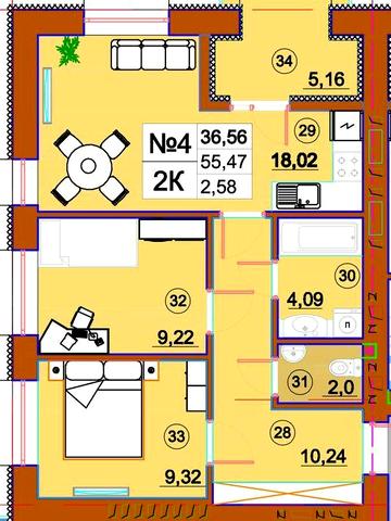 У зведеному будинку 2-на квартира (55,47 кв) в ЖК Комфорт-Сіті ЖК Комфорт-Сіті