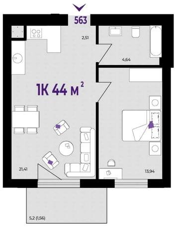 1к квартира 44 м.кв. з кухнею-студіо р-н Позитрон ЖК Вавель