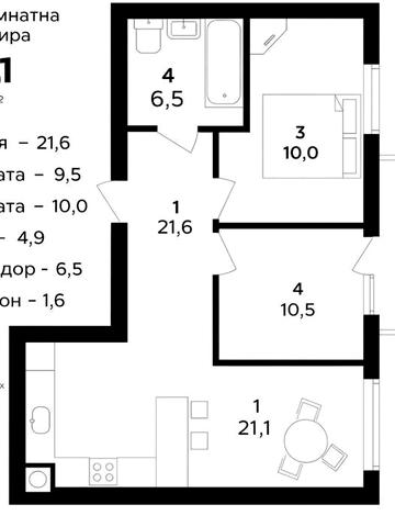 2-кімнатна біля ТЦ Велмарт, 54 м², інвестиція від 15499 дол