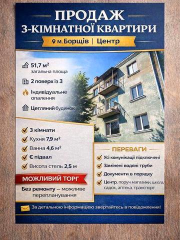 Продається 3-кімнатна квартира в центрі м. Борщів